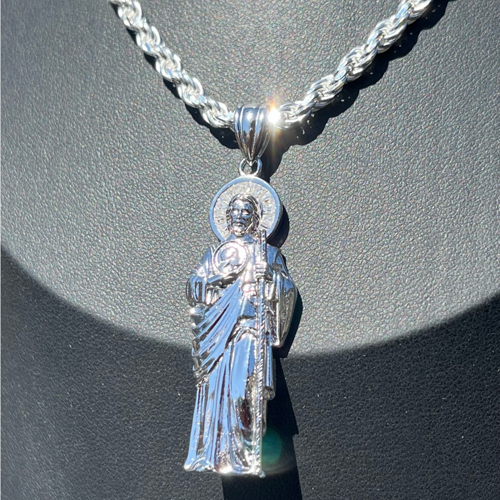 925 Sterling Silver Rope Chain 22” w St Jude Pendant / San Judas Dije Con Cadena - Picture 4 of 7